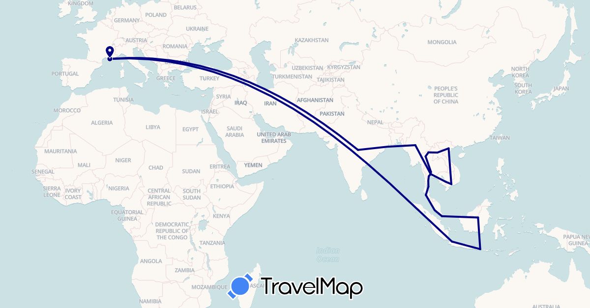 TravelMap itinerary: driving in France, Indonesia, India, Cambodia, Laos, Myanmar (Burma), Malaysia, Singapore, Thailand, Vietnam (Asia, Europe)